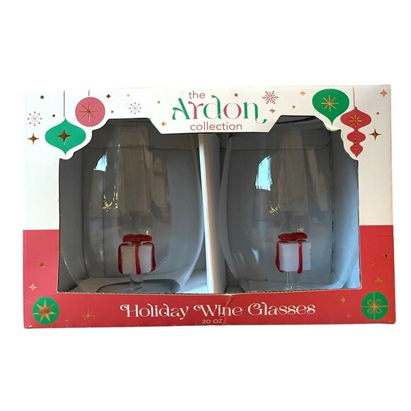 Set of 2 Holiday Stemless Wine Glasses with Red & White Gift Box Inside NEW - Picture 2 of 10